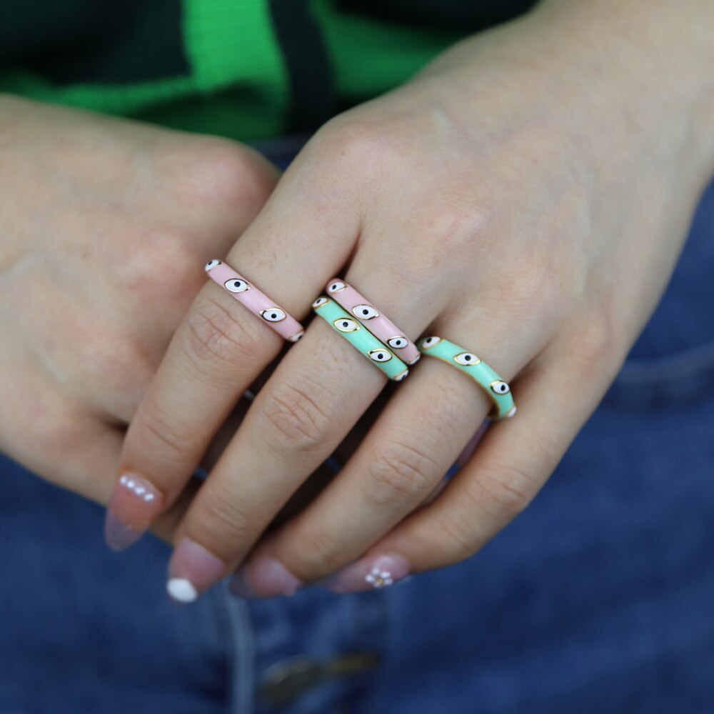 Pink/Green Enamel Evil Eye Ring