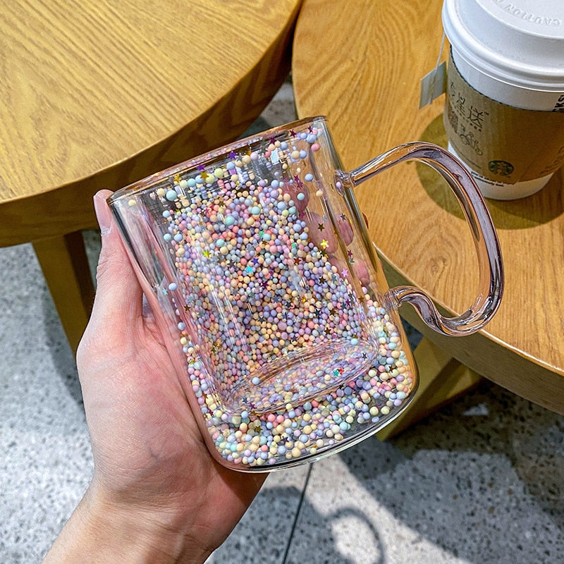 Pastel Glitter Bubble Double Wall Glass Mug