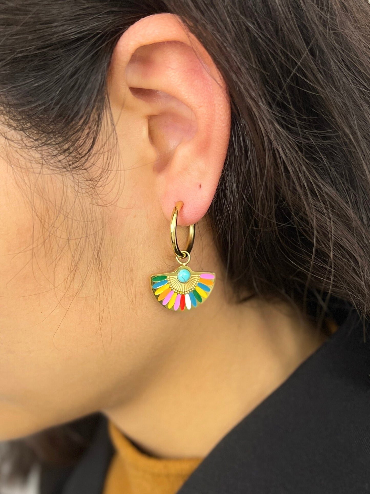 Fan Shaped Enamel Charm Hoop Earrings