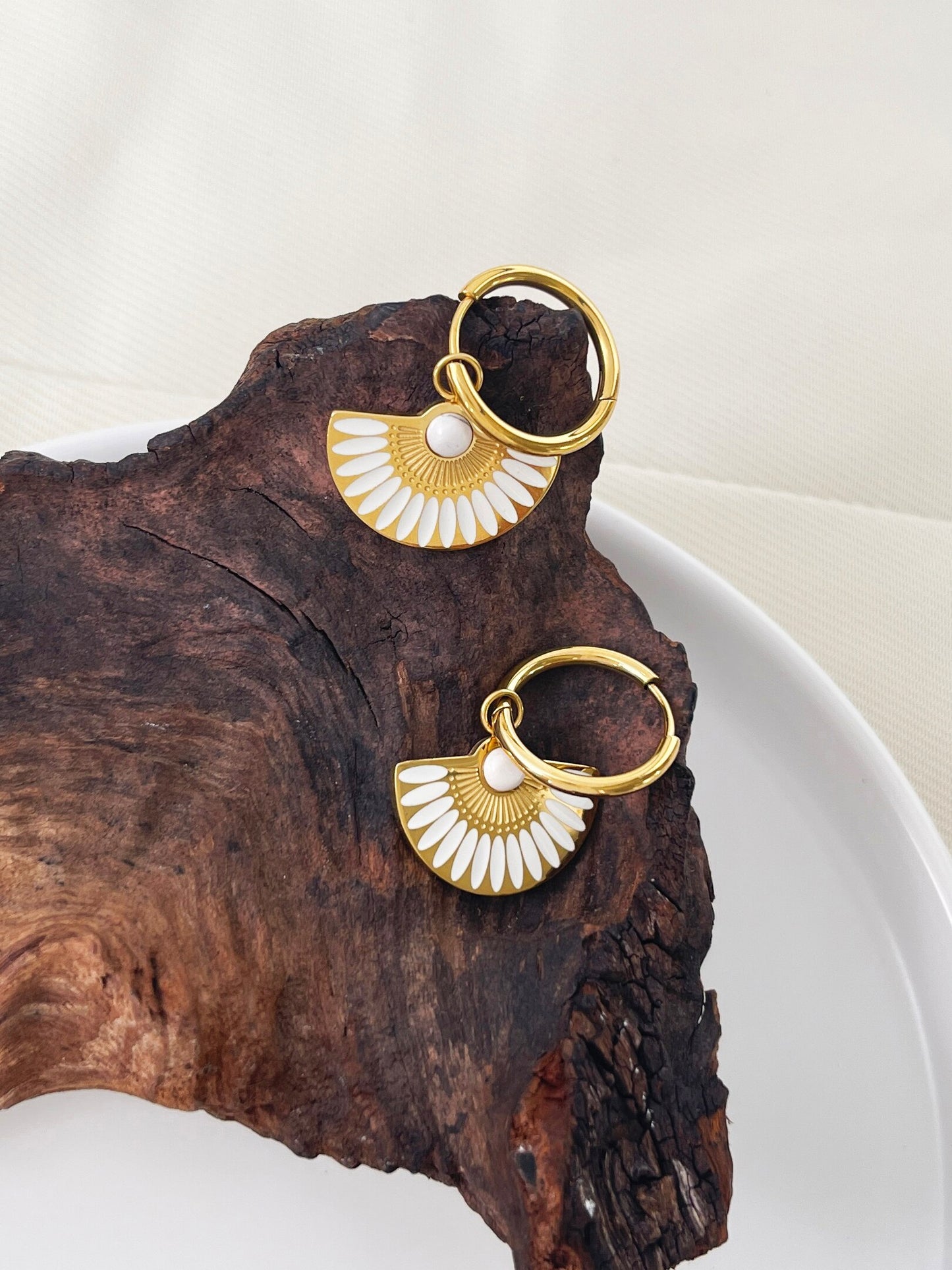 Fan Shaped Enamel Charm Hoop Earrings