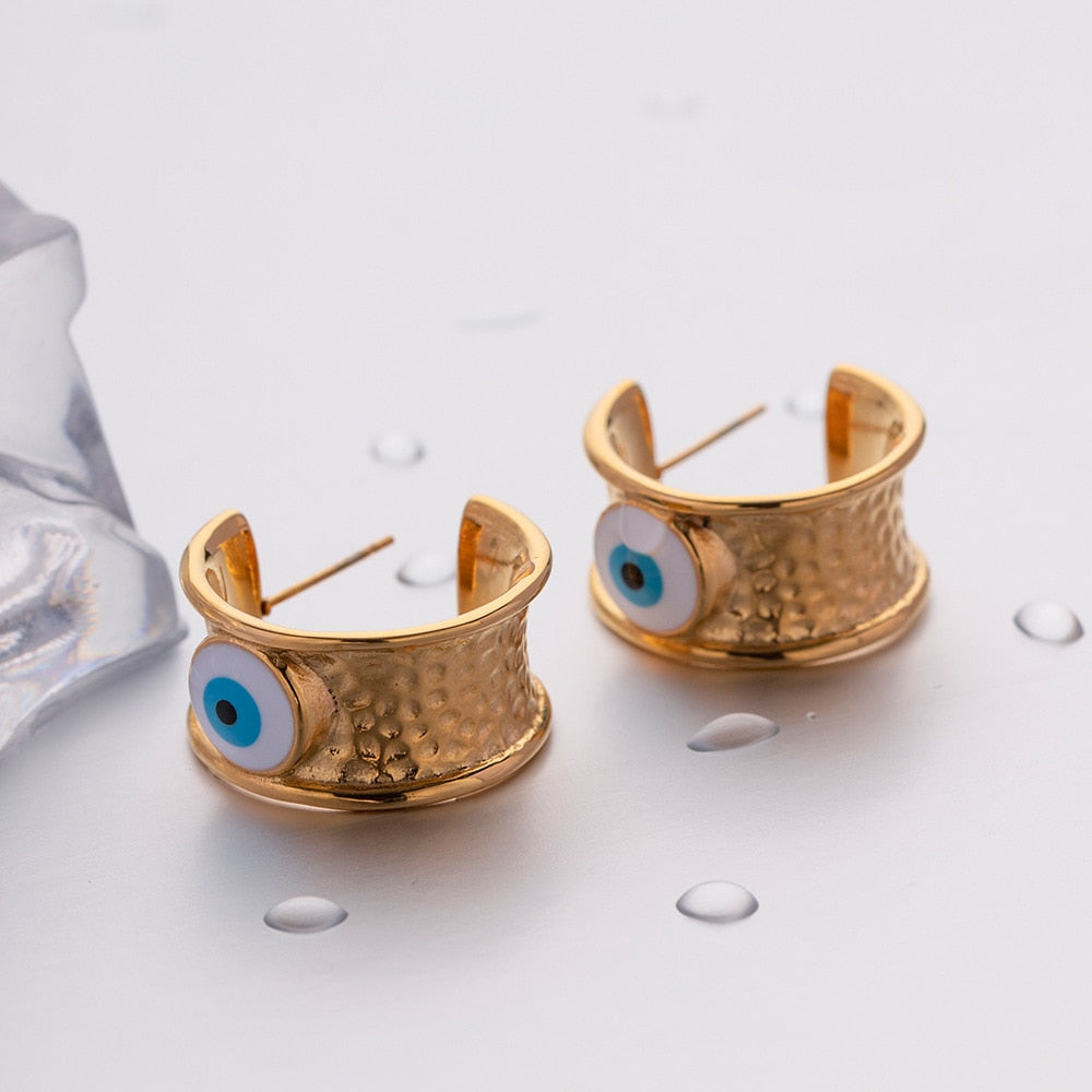 Gold Enamel Evil Eye Hoop Earrings