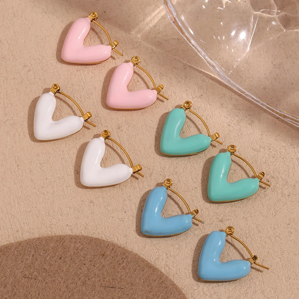 Enamel Hollow Heart Drop Hoop Earrings