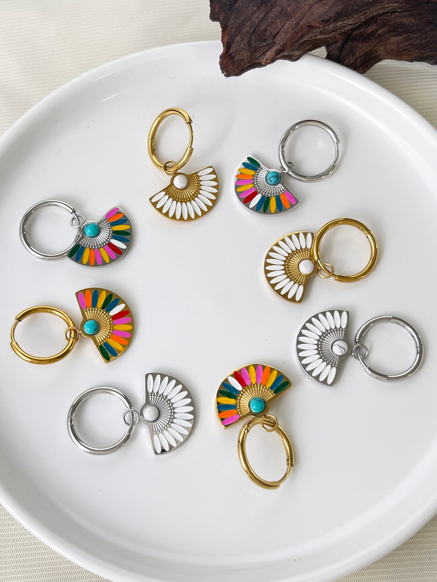 Fan Shaped Enamel Charm Hoop Earrings