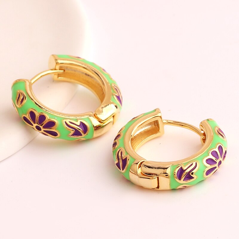 Enamel Floral Huggie Hoop Earrings