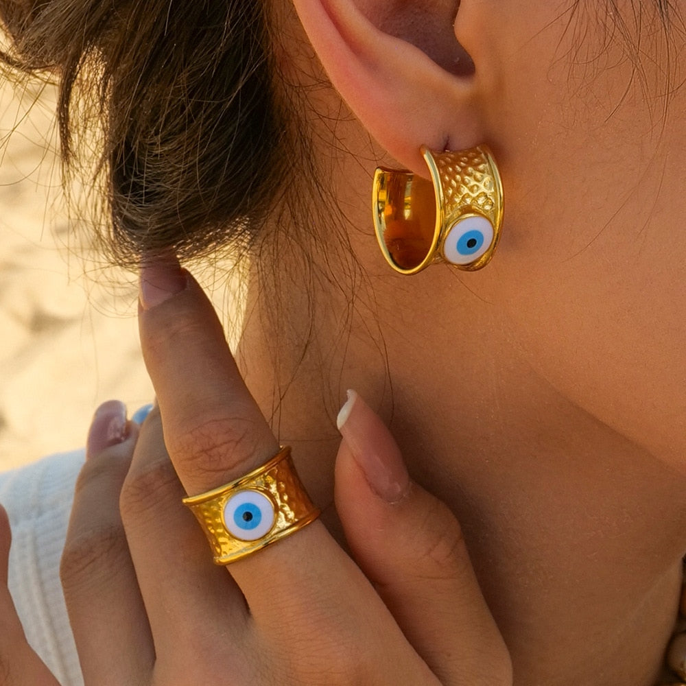 Gold Enamel Evil Eye Hoop Earrings