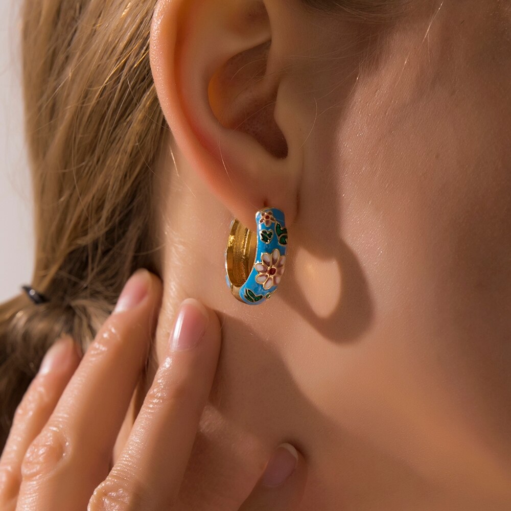 Enamel Floral Huggie Hoop Earrings