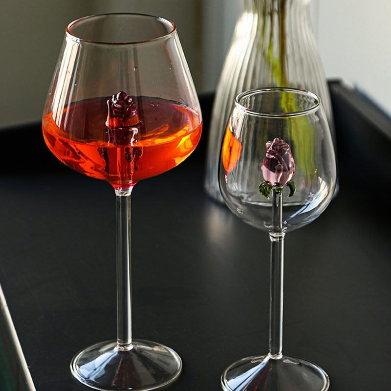 3D Pink Rose Wine Glasses