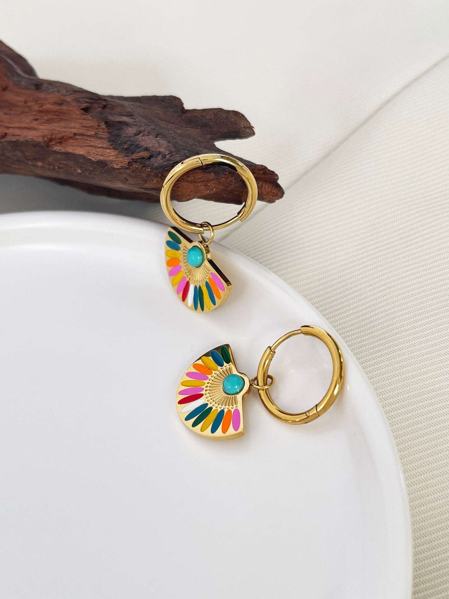 Fan Shaped Enamel Charm Hoop Earrings