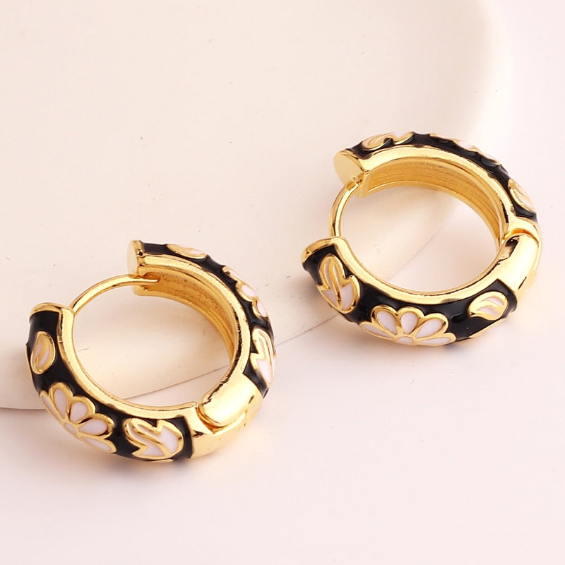 Enamel Floral Huggie Hoop Earrings