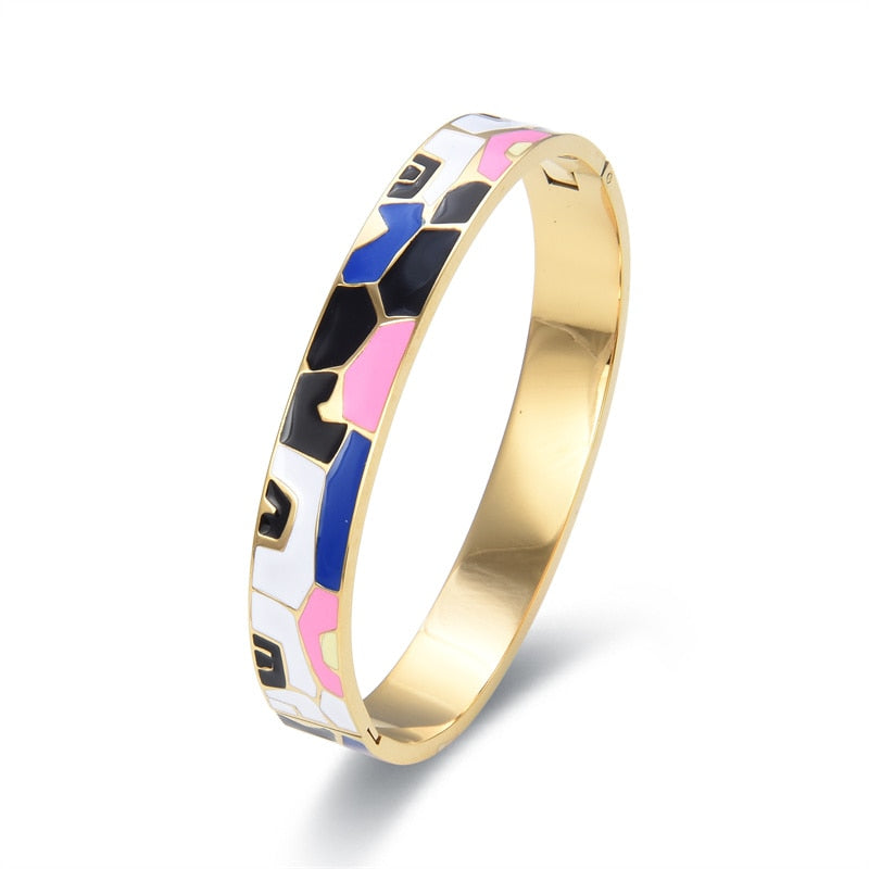 Stainless Steel Gold Geometric Colourful Enamel Painted Bangle