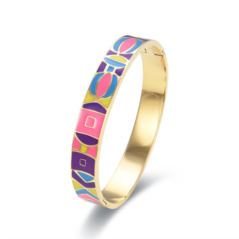 Stainless Steel Gold Geometric Colourful Enamel Painted Bangle