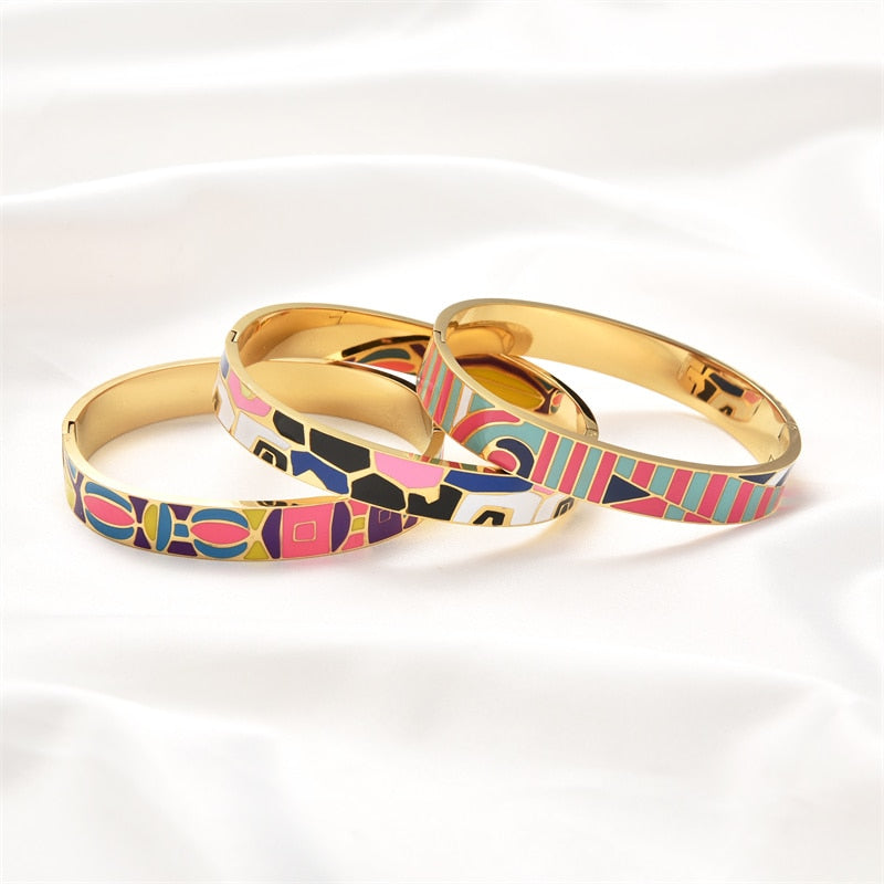 Stainless Steel Gold Geometric Colourful Enamel Painted Bangle