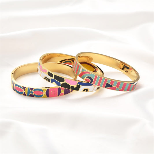 Stainless Steel Gold Geometric Colourful Enamel Painted Bangle