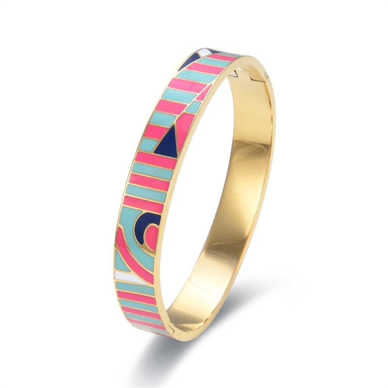 Stainless Steel Gold Geometric Colourful Enamel Painted Bangle