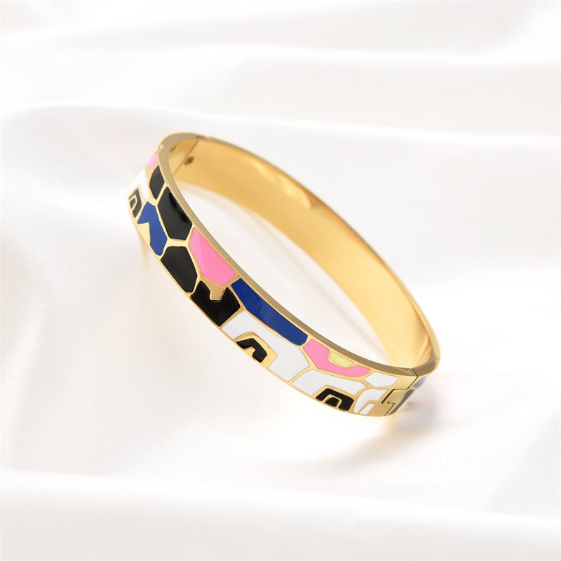 Stainless Steel Gold Geometric Colourful Enamel Painted Bangle