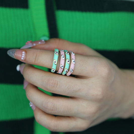 Pink/Green Enamel Evil Eye Ring