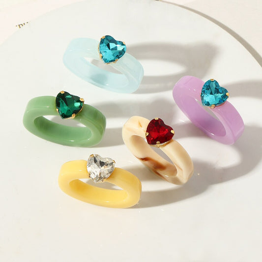 Colourful Heart Rhinestone Acrylic Rings