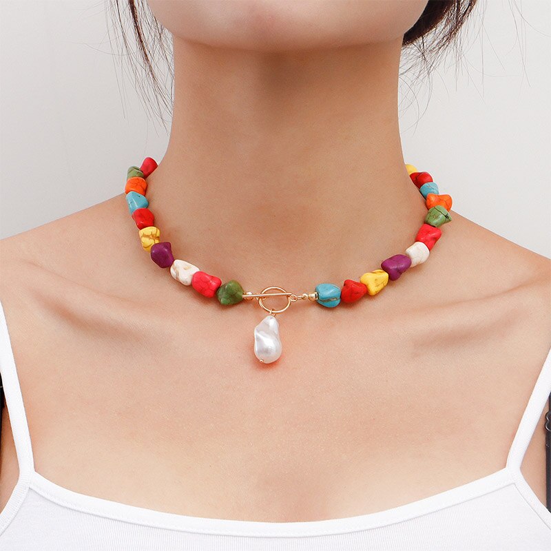 Multicoloured Stone Faux Pearl Choker