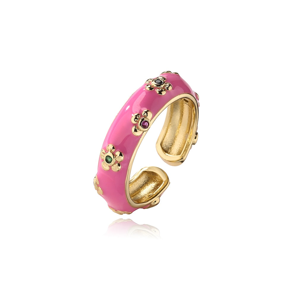 Enamel Zircon Floral Ring