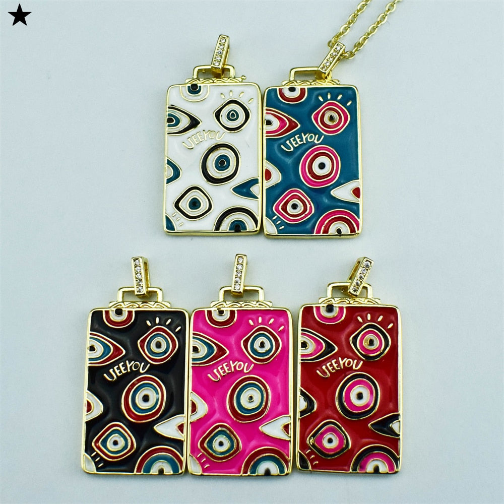 Enamel Evil Eye Rectangle Pendant Necklace