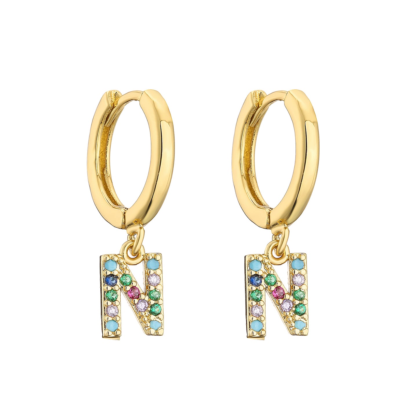 Colourful Cubic Zirconia Letter Charm Drop Hoop Earrings