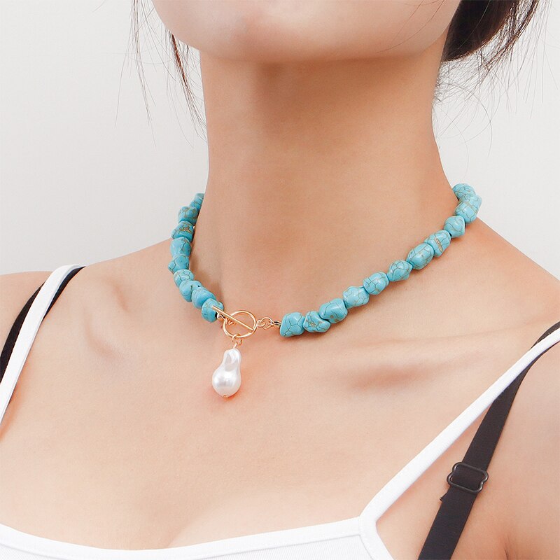 Multicoloured Stone Faux Pearl Choker