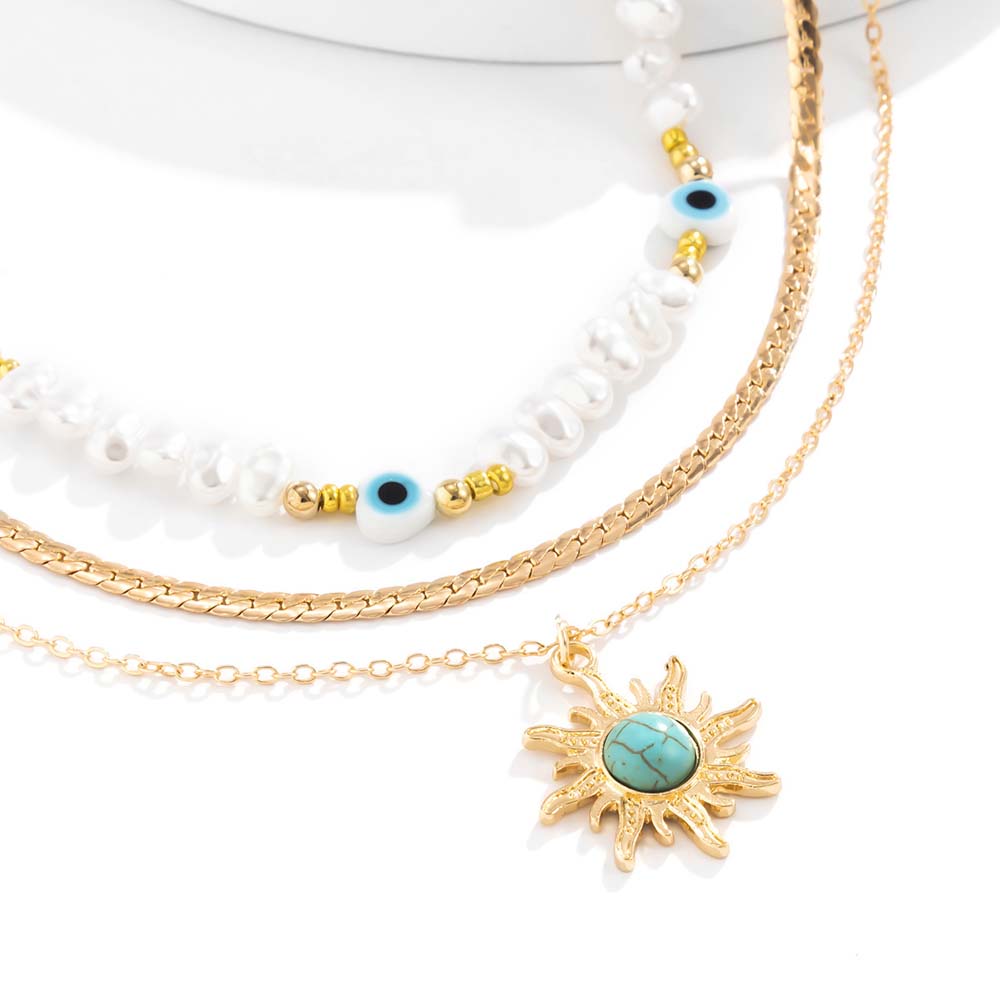 Blue Evil Eye Sun Flower Pendant Necklace