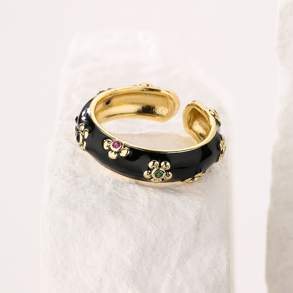 Enamel Zircon Floral Ring