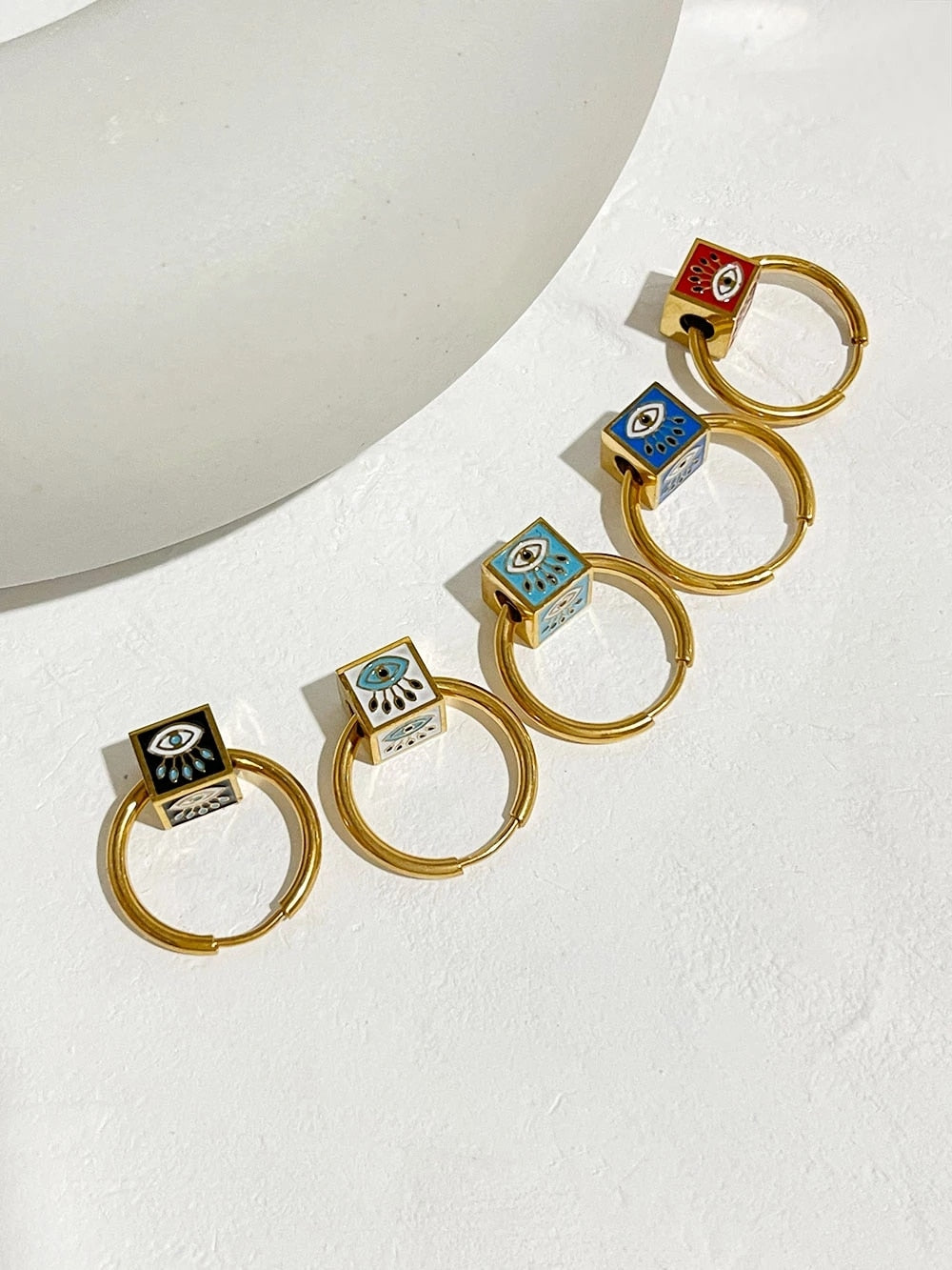 Enamel Evil Eye Cube Hoops