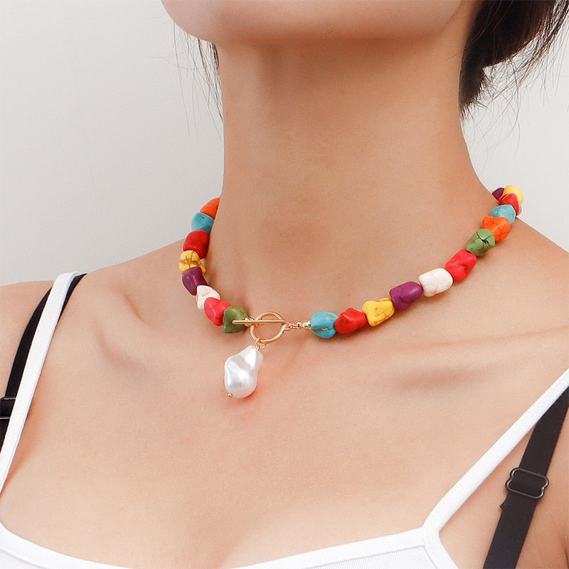 Multicoloured Stone Faux Pearl Choker