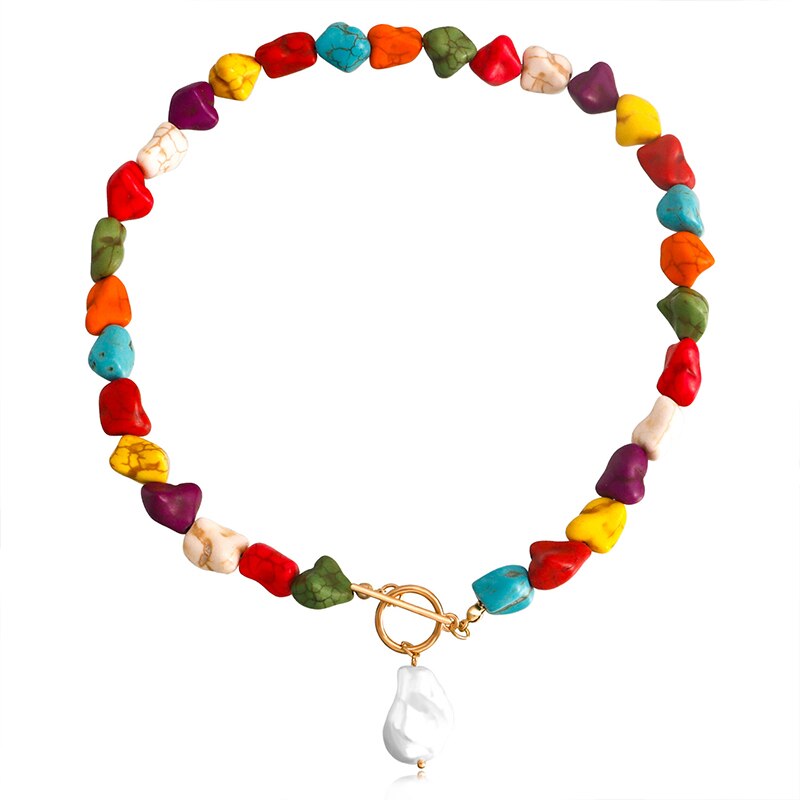 Multicoloured Stone Faux Pearl Choker