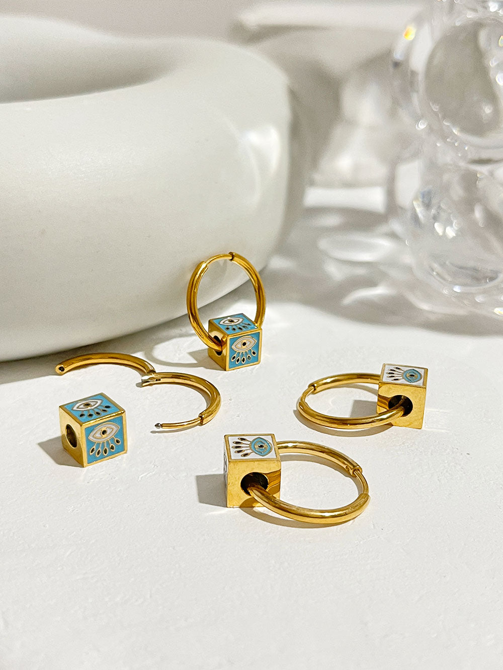 Enamel Evil Eye Cube Hoops