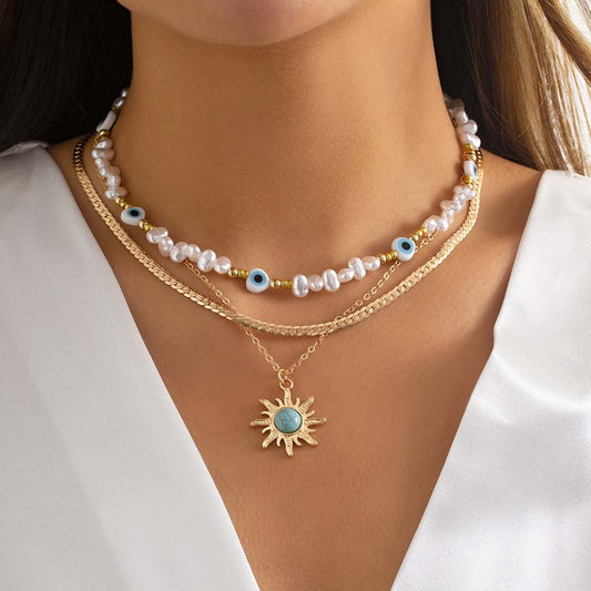 Blue Evil Eye Sun Flower Pendant Necklace
