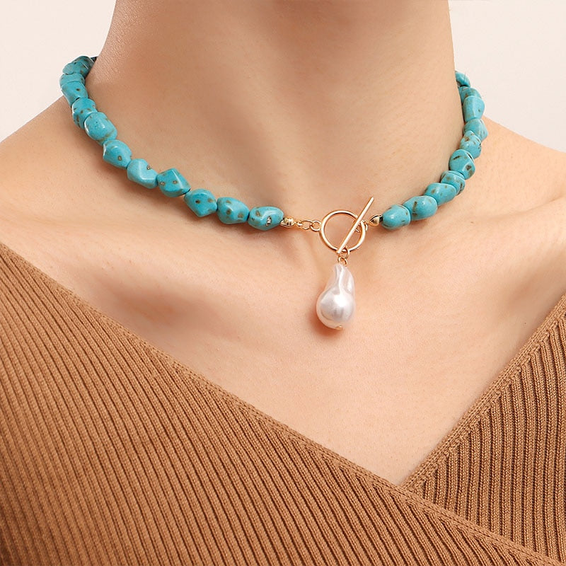 Multicoloured Stone Faux Pearl Choker