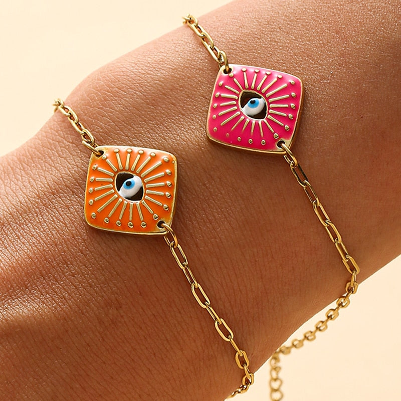 Boho Square Enamel Evil Eye Bracelet